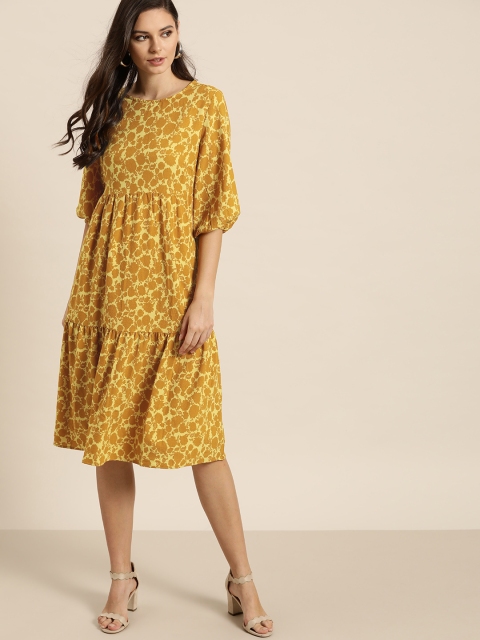 

all about you Women Yellow & Mustard Brown Printed A-Line Tiered Dress