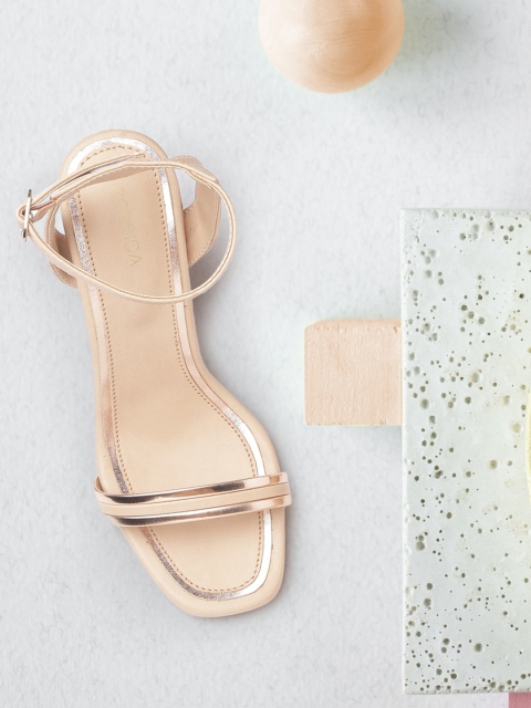 

CORSICA Beige & Rose Gold-Toned Striped Mid-Top Block Heels