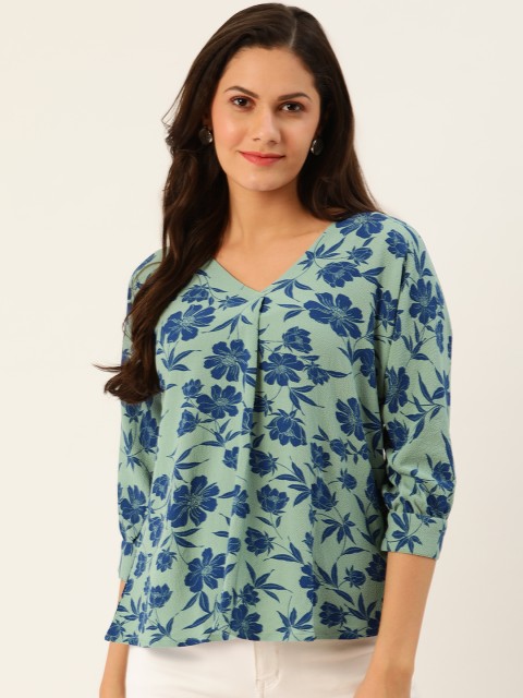 

all about you Sea Green & Navy Blue Floral Print Regular Top