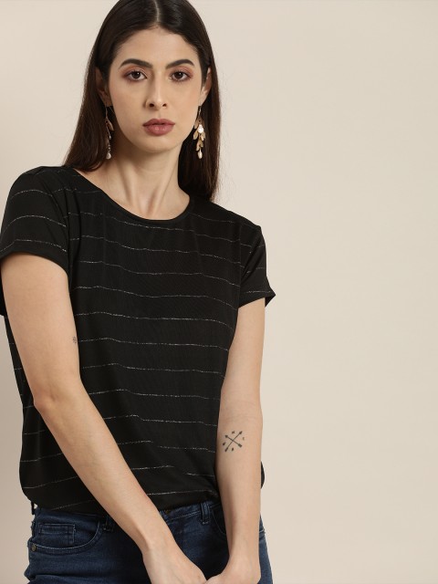 

all about you Women Black & Grey Lurex Striped T-shirt