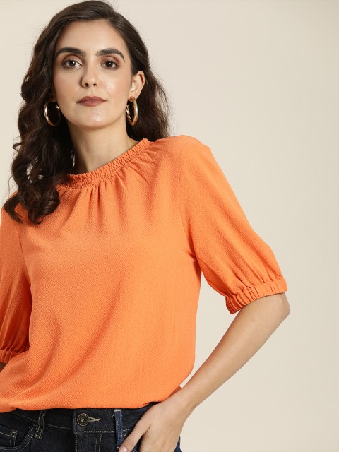 

All about you Women Orange Solid Regular Knitted Top with Gathers