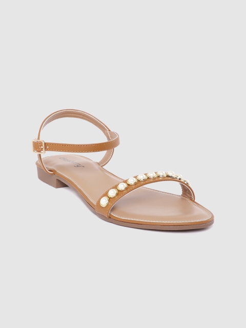 

DressBerry Women Brown & Off-White Embellished Open Toe Flats