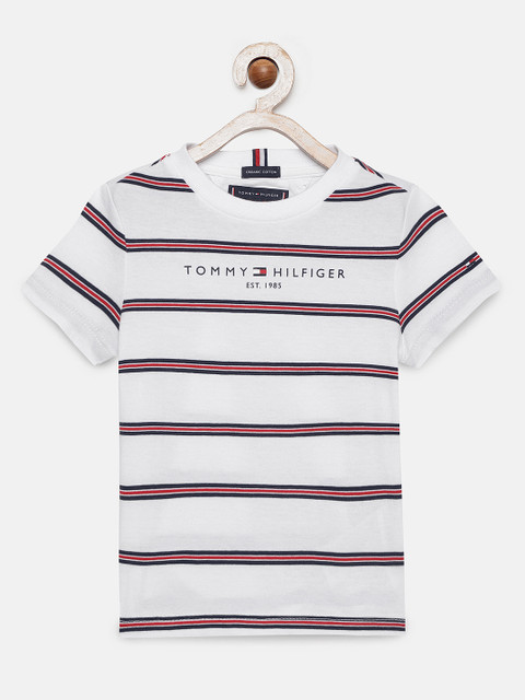 

Tommy Hilfiger Boys White & Navy Blue Striped Organic Cotton Round Neck T-shirt