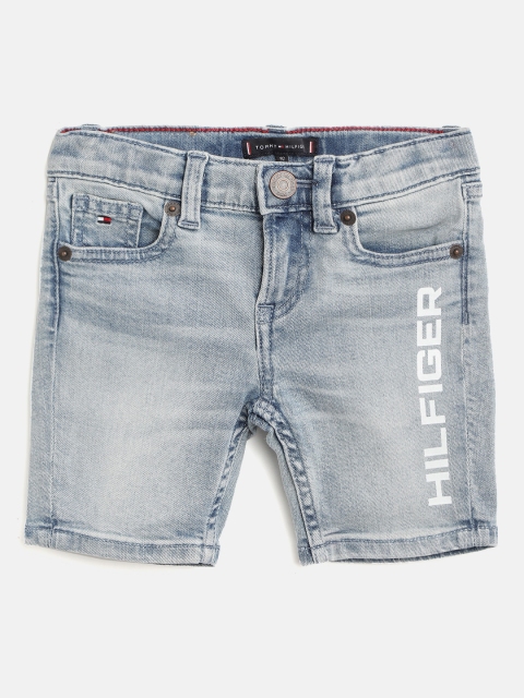 

Tommy Hilfiger Boys Blue Faded Cotton Mid-Rise Denim Shorts with Printed Detail