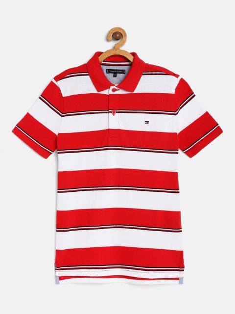 

Tommy Hilfiger Boys Red Striped Pure Cotton Polo Collar T-shirt