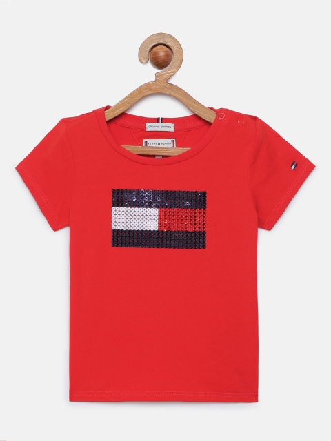 

Tommy Hilfiger Girls Red Embellished Organic Cotton Round Neck T-shirt