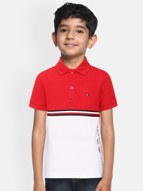 

Tommy Hilfiger Boys White & Red Colourblocked Pure Cotton Polo Collar T-shirt