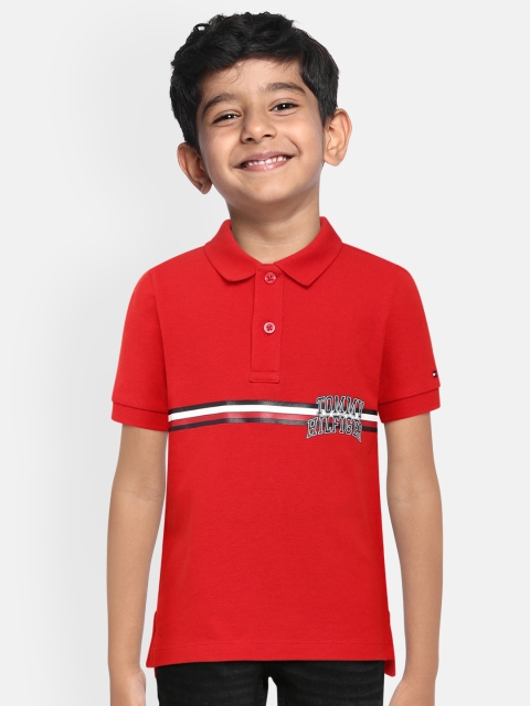 

Tommy Hilfiger Boys Red Striped with Brand Logo Print Pure Cotton Polo Collar T-shirt