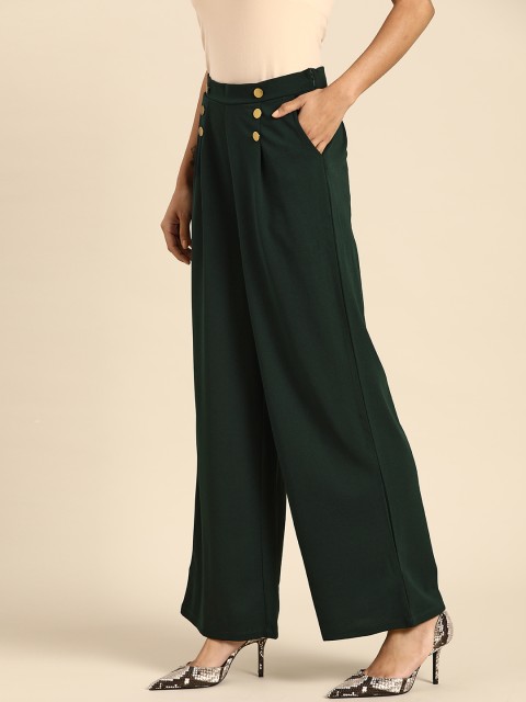 

all about you Women Green Solid Pleated Parallel Trousers