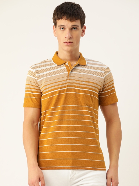 

Monte Carlo Men Mustard Yellow & White Striped Pure Cotton Polo Collar T-shirt