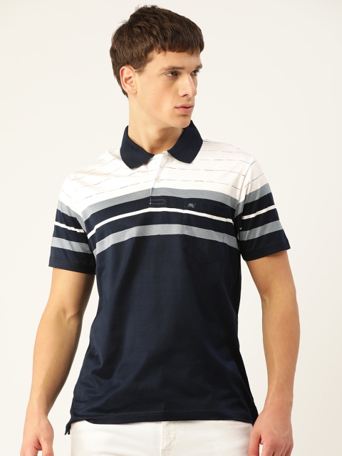 

Monte Carlo Men Navy Blue & White Double Mercerised Cotton Striped Polo Collar T-shirt