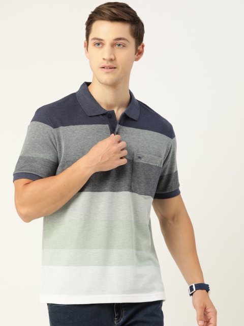 

Monte Carlo Men Green & Navy Striped Polo Collar T-shirt