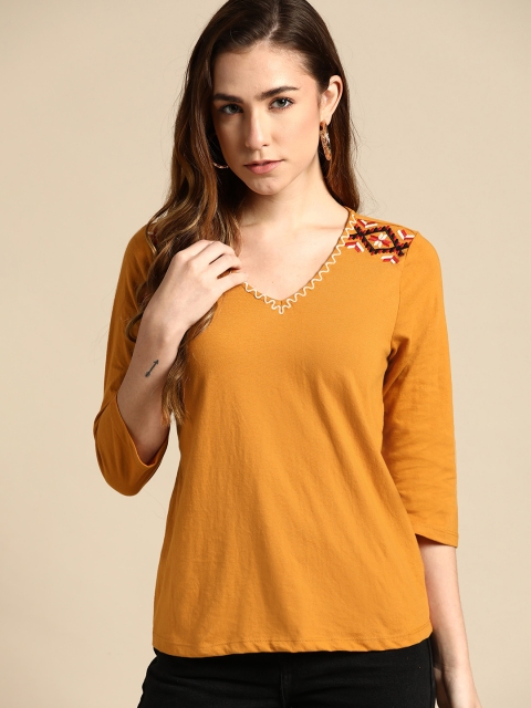 

all about you Women Mustard Brown V-Neck T-shirt