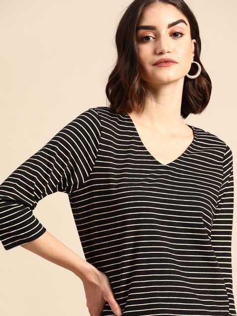 

all about you Women Black & White Striped V-Neck T-shirt