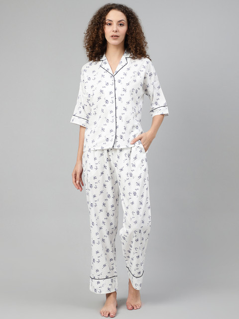 

Femella Women White & Navy Blue Dobby Weave Floral Print Night suit