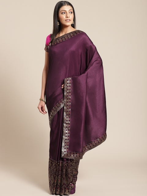 

Chhabra 555 Aubergine Solid Banarasi Saree with Meenakari Border, Purple