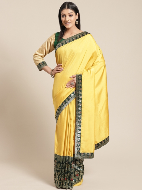 

Chhabra 555 Yellow & Green Self-Striped Banarasi Saree with Meenakari Border