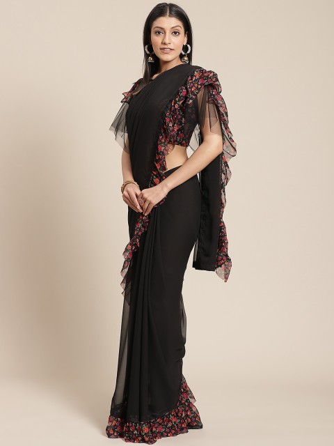 

Chhabra 555 Black Solid Saree with Floral Print Ruffled Border