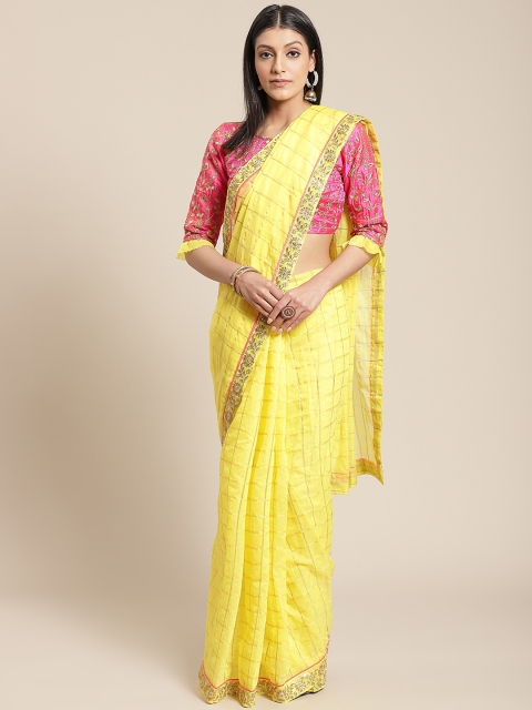

Chhabra 555 Yellow & Golden Checked Chanderi Gharchola Saree