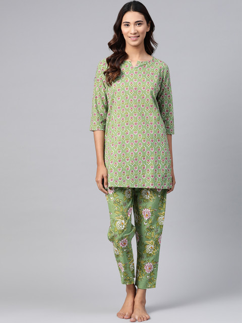 

Anubhutee Women Olive Green & Pink Pure Cotton Printed Night suit