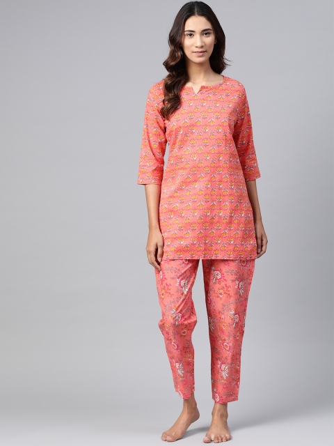 

Anubhutee Women Pink & Mustard Yellow Pure Cotton Printed Night suit