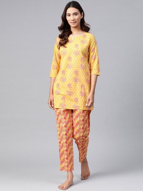 

Anubhutee Women Mustard Yellow & Pink Pure Cotton Printed Night suit