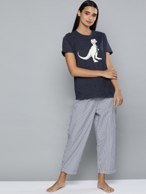 

Chemistry Women Navy Blue & White Printed Night suit