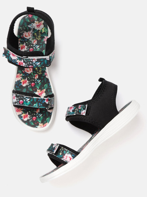 

DressBerry Women Black & Teal Blue Floral Print Sports Sandals
