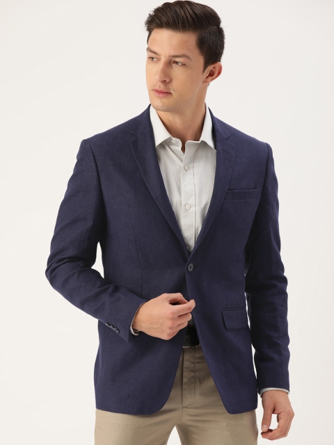 

Peter England Men Navy Blue Solid Neo-Slim Fit Single-Breasted Linen Formal Blazer