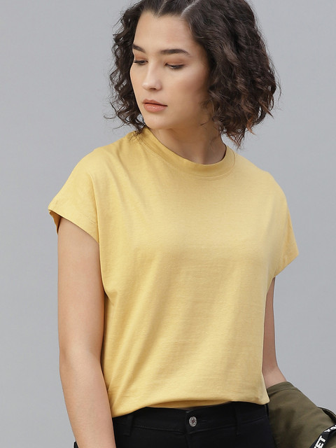 

Roadster Women Yellow Cotton Solid Round Neck T-shirt