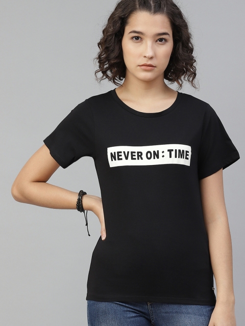 

Roadster Women Black Cotton Printed Detail Round Neck T-shirt