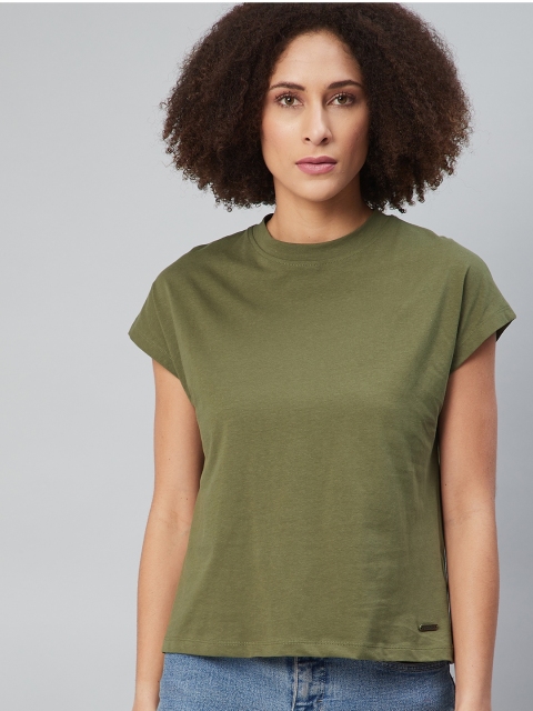 

Roadster Women Olive Green Cotton Extended Sleeves T-shirt