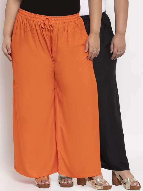 

TAG 7 PLUS Women Black & Orange Solid Flared Palazzos