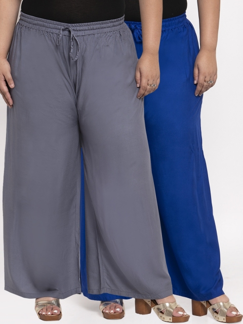 

TAG 7 PLUS Women Blue & Grey Solid Flared Palazzos Combo Of 2