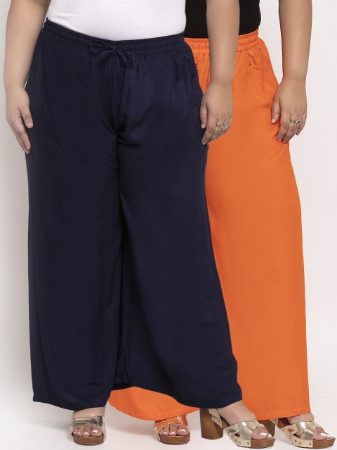 

TAG 7 PLUS Women Orange & Navy Blue Solid Flared Palazzos Set of 2