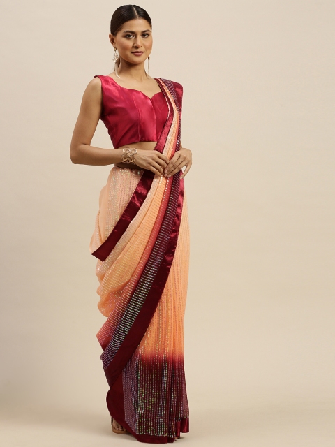 

Saree mall Peach-Coloured & Maroon Pure Georgette Embellished Saree