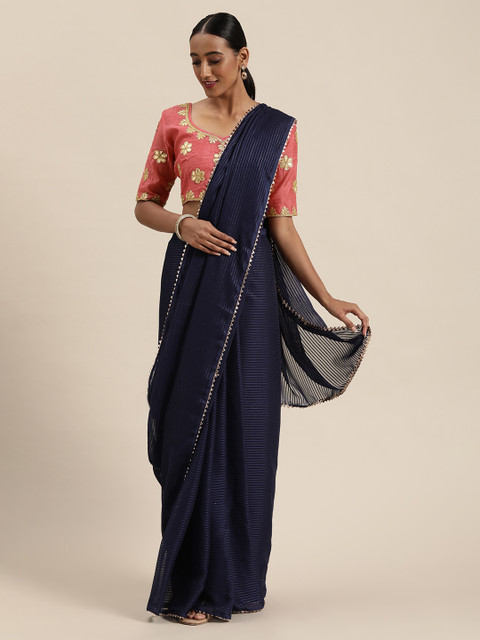 

Saree mall Navy Blue Pure Georgette Striped Chanderi Saree