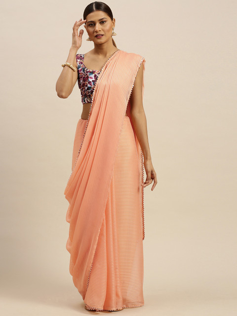 

Saree mall Peach-Coloured Striped Chanderi Saree