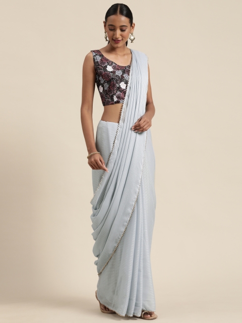 

Saree mall Pure Georgette Striped Chanderi Saree, Grey