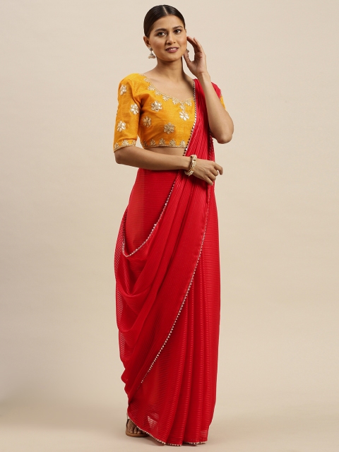 

Saree mall Red Striped Chanderi Saree