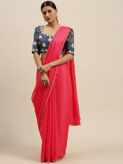 

Saree mall Pink Striped Chanderi Saree