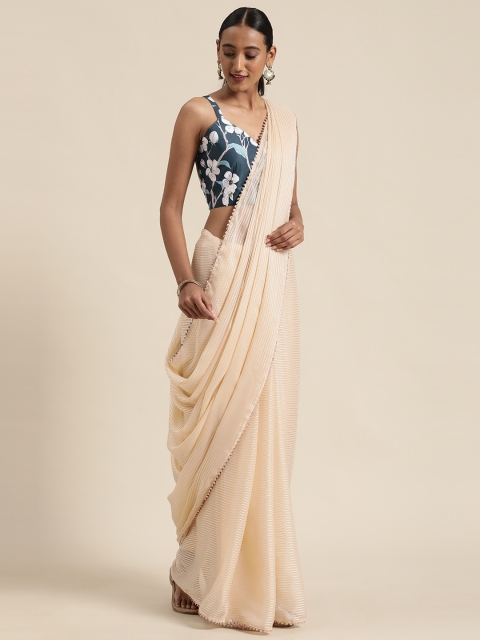 

Saree mall Off-White Pure Georgette Striped Chanderi Saree