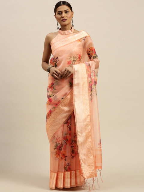 

Saree mall Peach-Coloured & Red Organza Printed Baluchari Saree