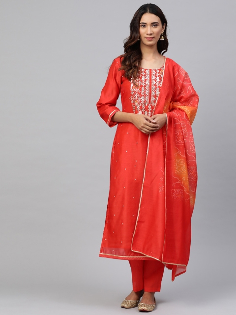 

Readiprint Fashions Coral Red & Golden Gotta Patti Embroidered Unstitched Dress Material