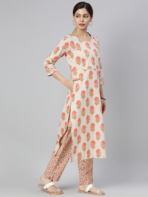 

AHIKA Women Beige & Pink Printed Kurta with Trousers