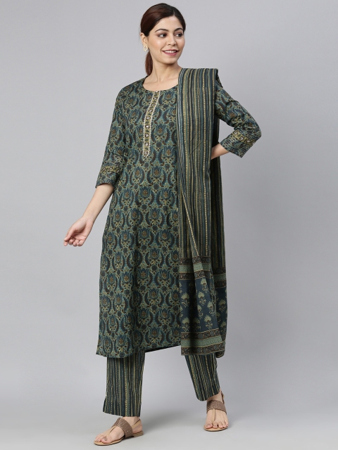 

AHIKA Women Olive Green & Multicoloured Printed Kurta with Trousers & Dupatta