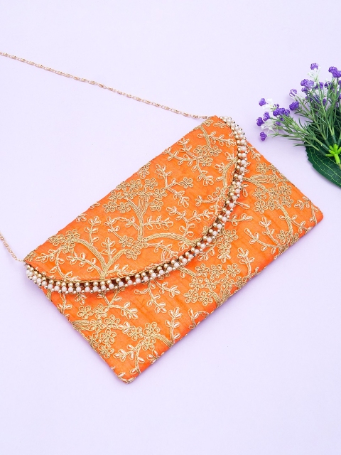 

Golden Peacock Orange & Gold-Toned Embroidered Embroidered Purse Clutches