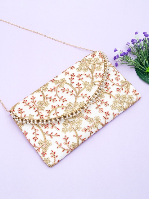 

Golden Peacock White & Gold-Toned Embroidered Embroidered Clutch