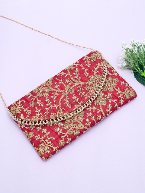 

Golden Peacock Maroon & Gold-Toned Embroidered Clutch