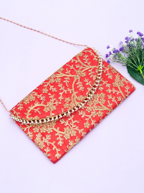 

Golden Peacock Red & White Embroidered Embroidered Clutch